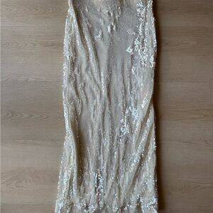 Mango White Sequin Pencil Midi Skirt